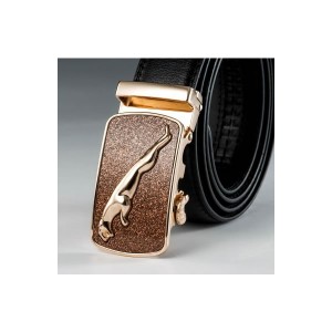 Curea Ajustabila fara Gauri  Piele neagra CPB69 Barbati Gold Sparkle Jaguar 